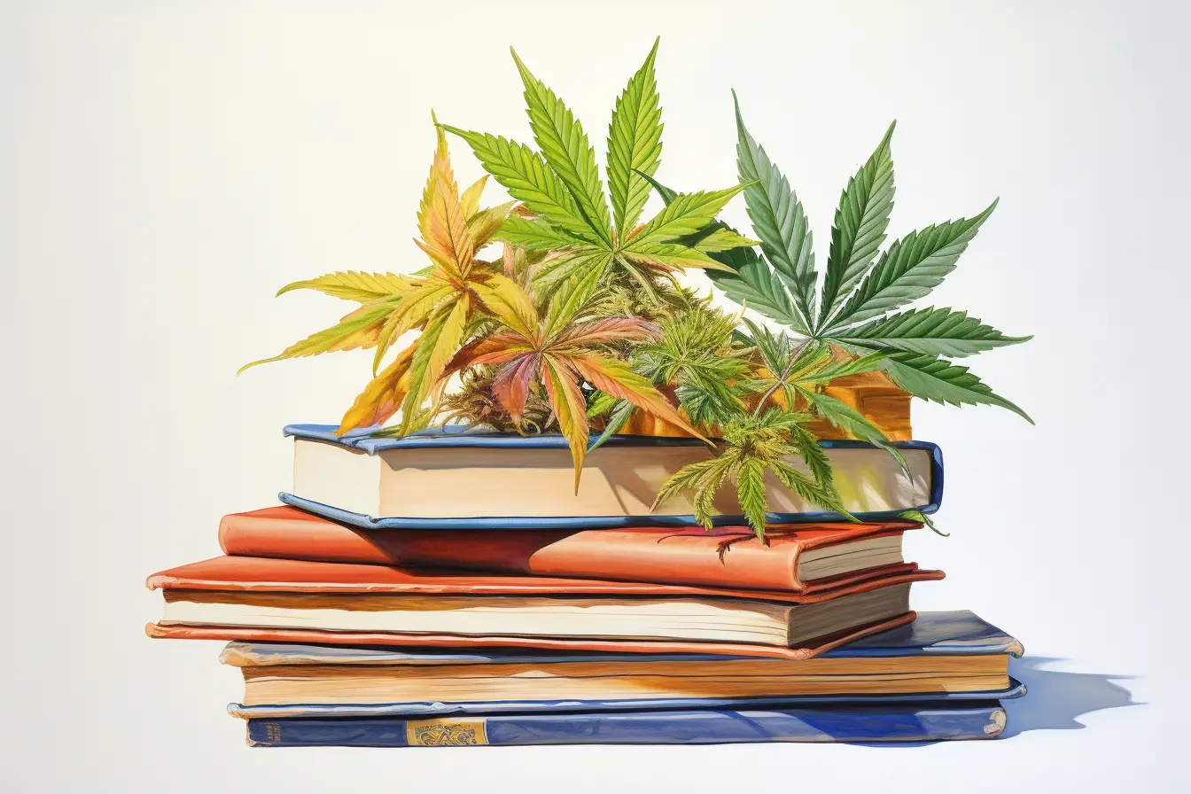 Einige Cannabisblätter liegen auf einem Haufen Bücher, der gestapelt ist.